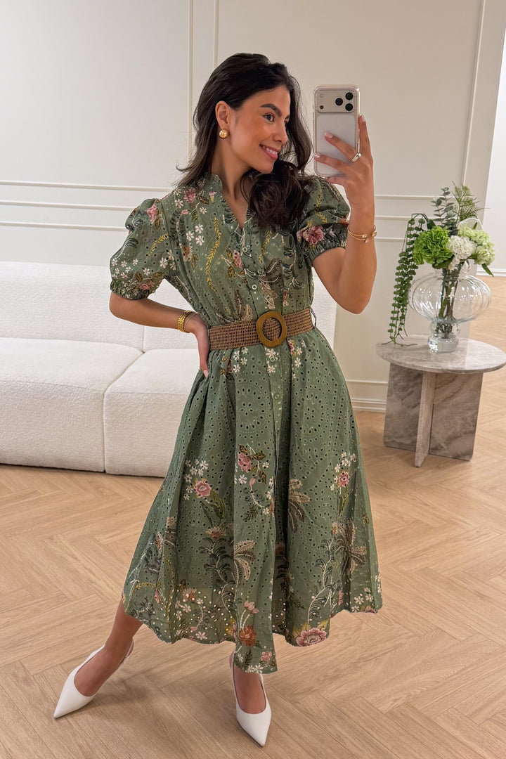 Broderie Anglaise Midi Dress Green