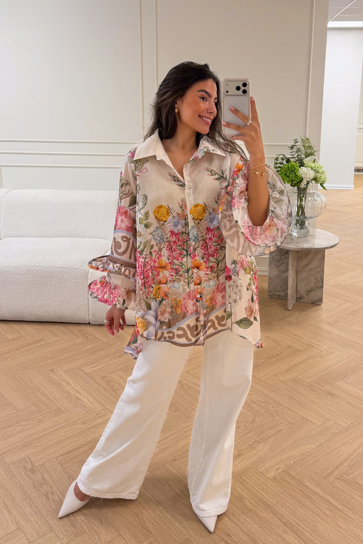 Spring Ruffle Bluse Cream Flower