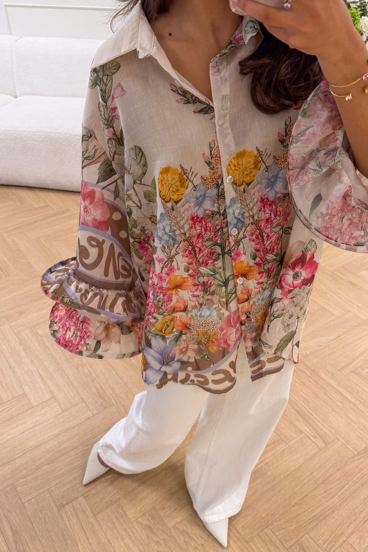 Spring Ruffle Bluse Cream Flower