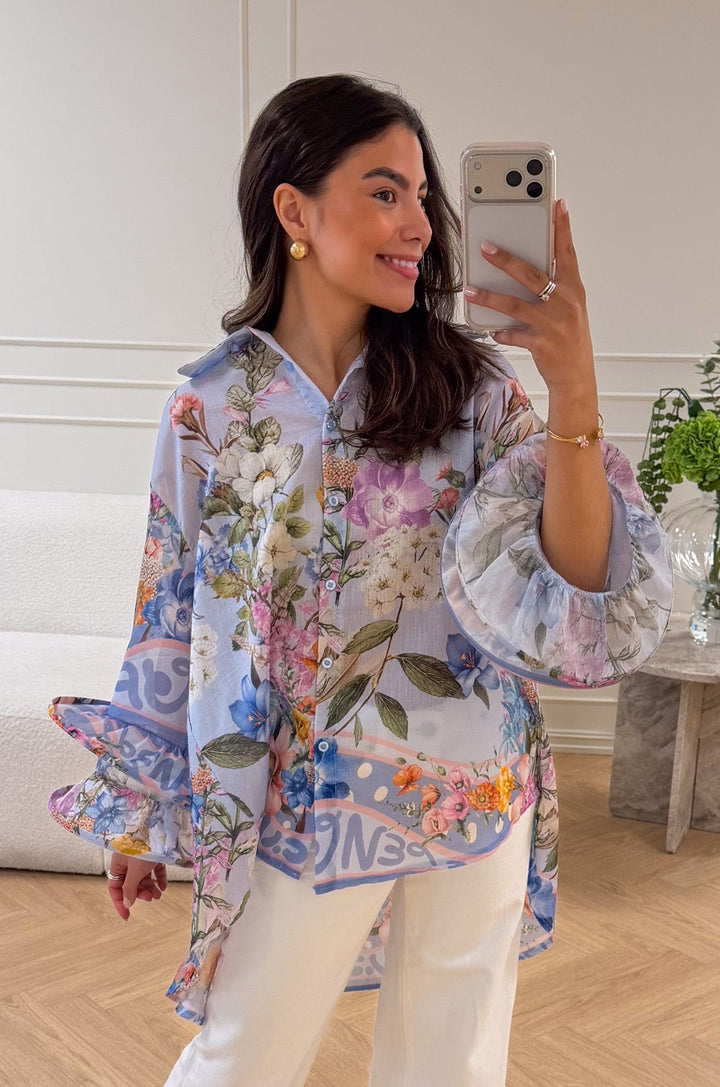 Spring Ruffle Blouse Ligth Blue Flower