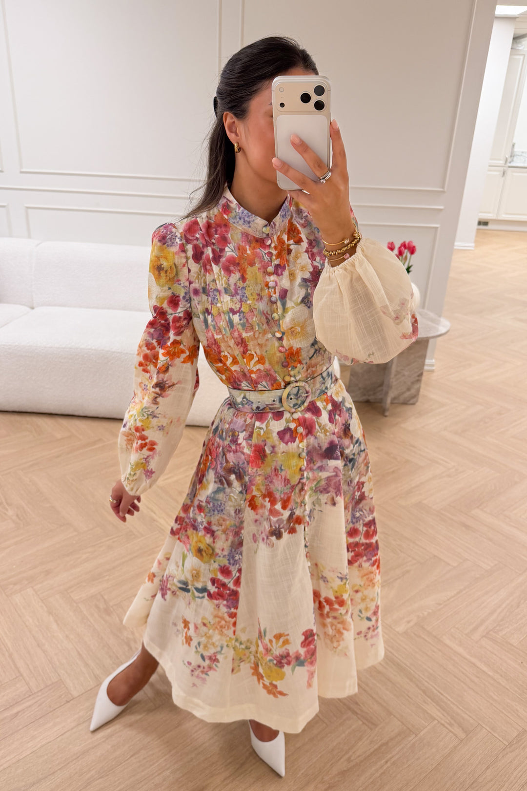 Lumine Midi Dress Beige Flower