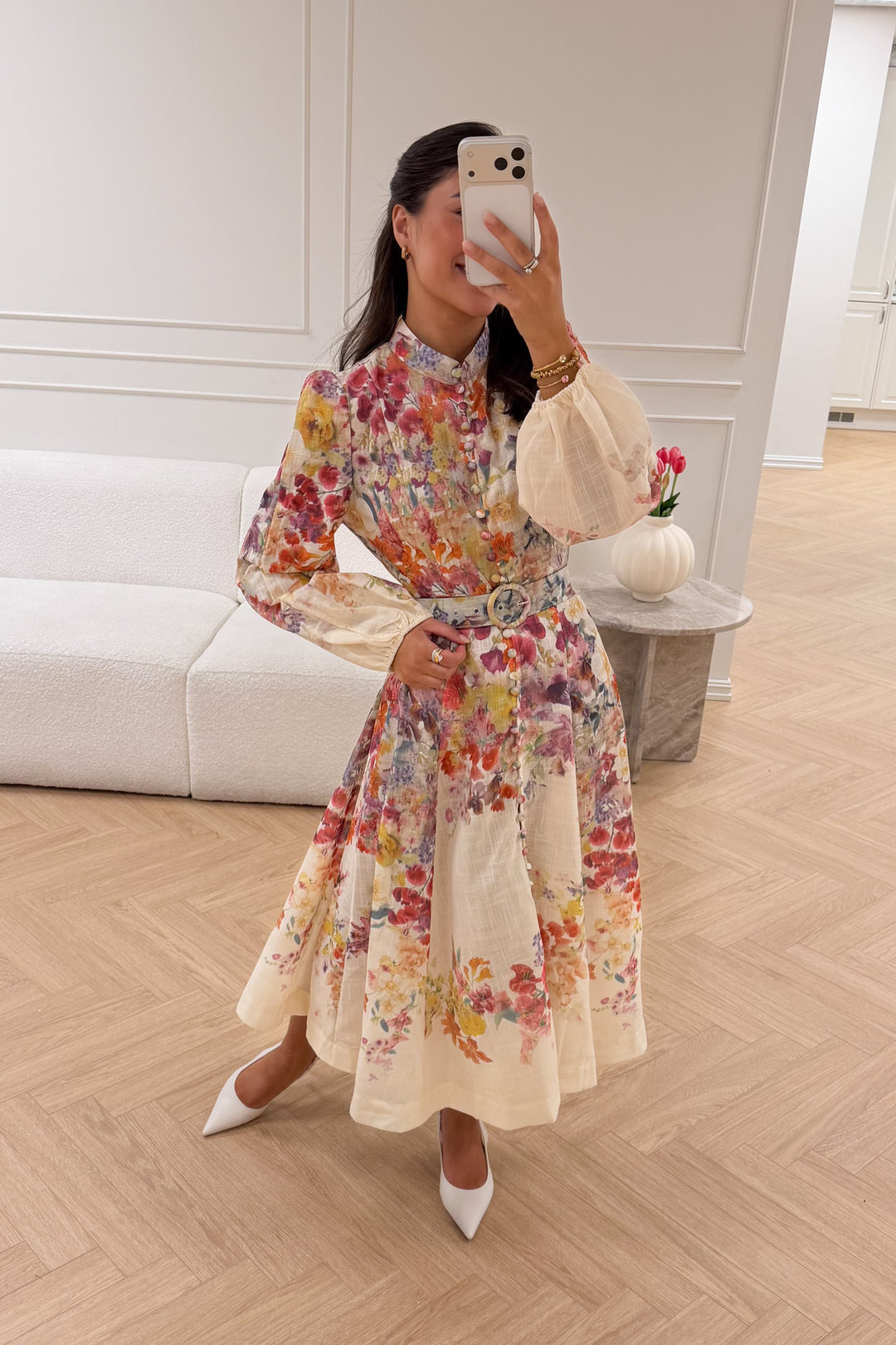 Lumine Midi Dress Beige Flower