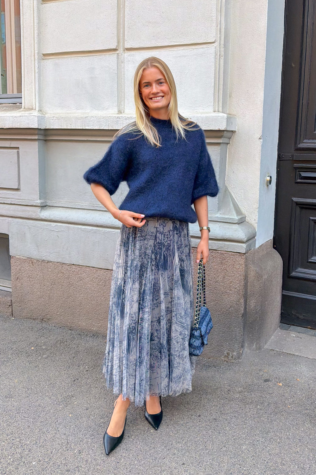 Tyll Print Midi Skirt Navy