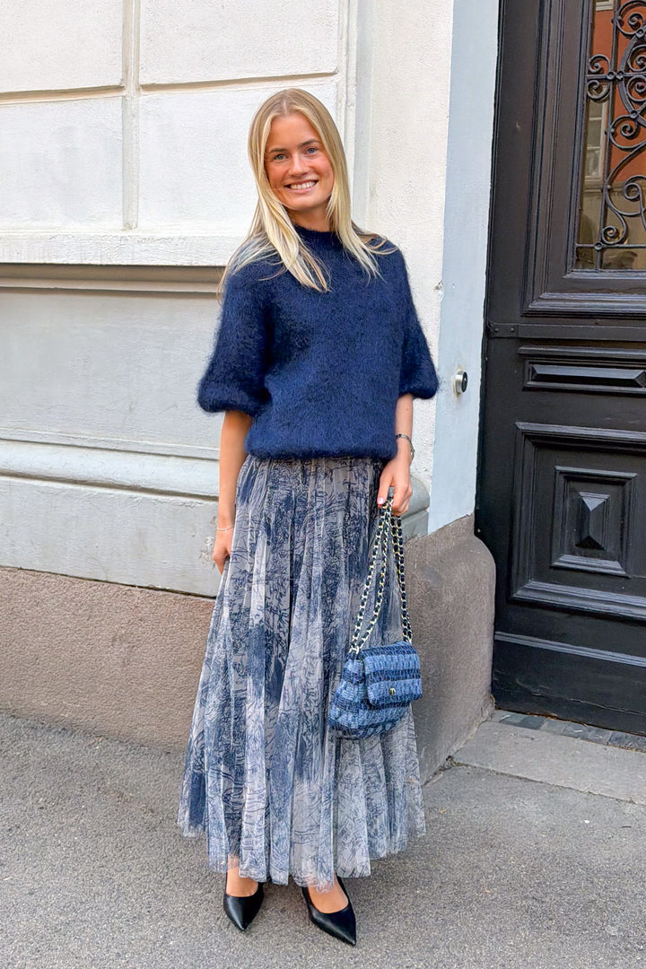 Tyll Print Midi Skirt Navy