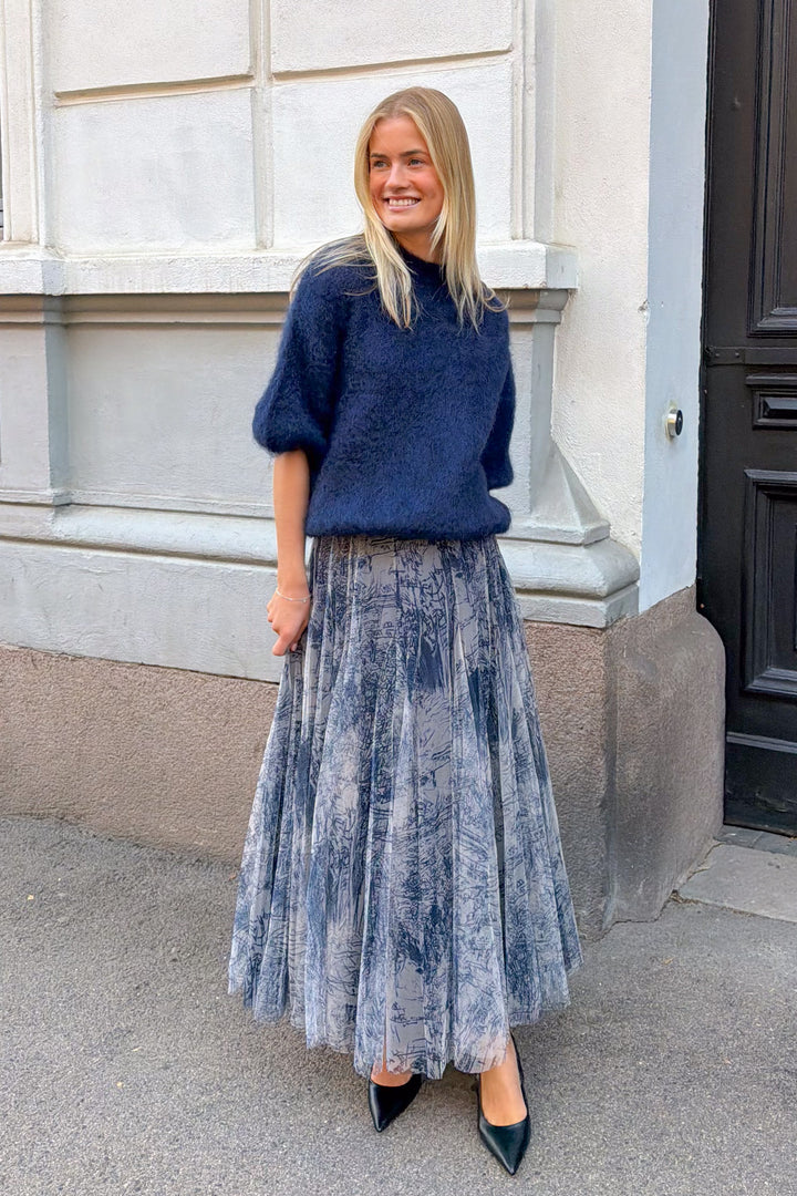 Tyll Print Midi Skirt Navy