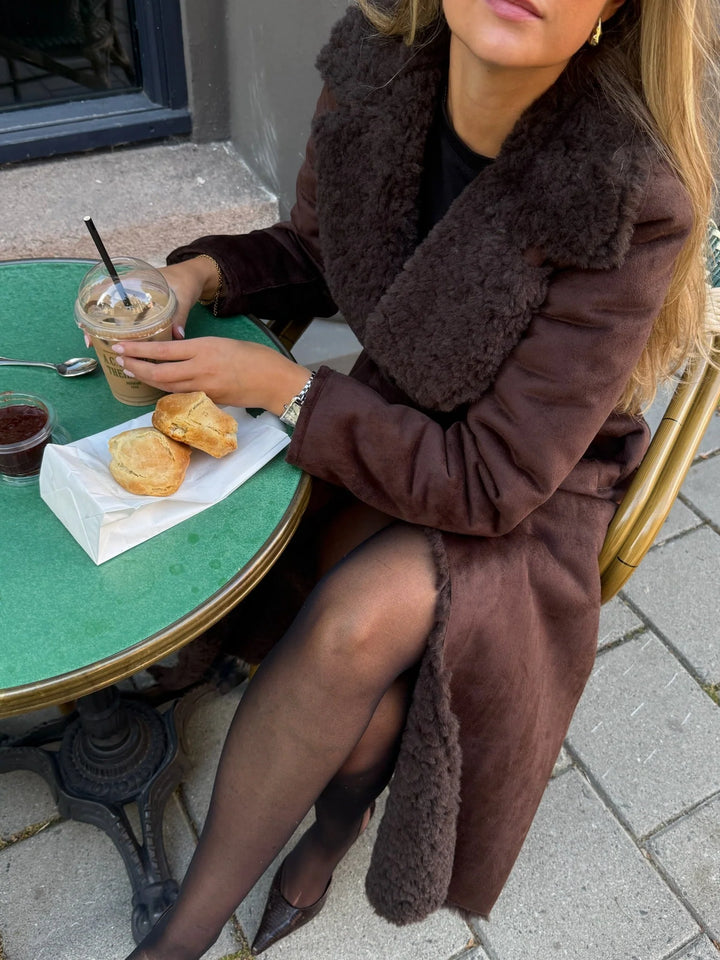 Elin Shearling Long Coat Brown