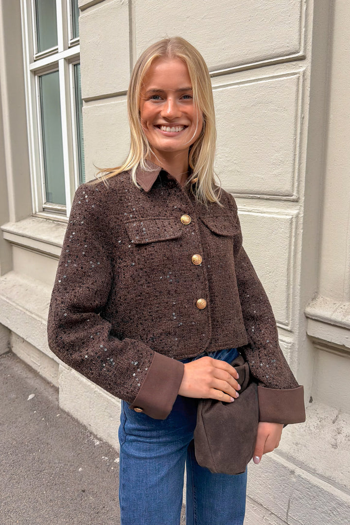 Boucle Blazer Denim Collar Brown