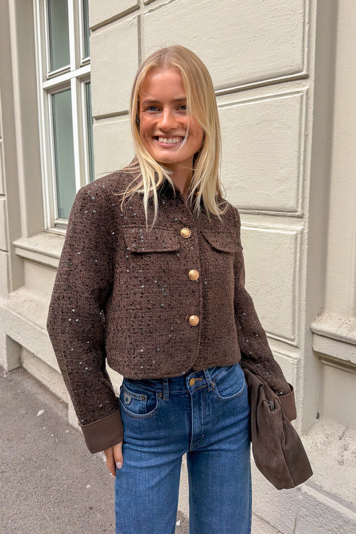 Boucle Blazer Denim Collar Brown