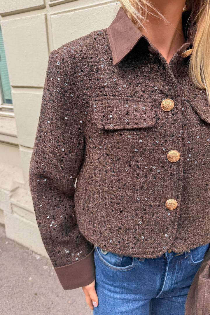 Boucle Blazer Denim Collar Brown