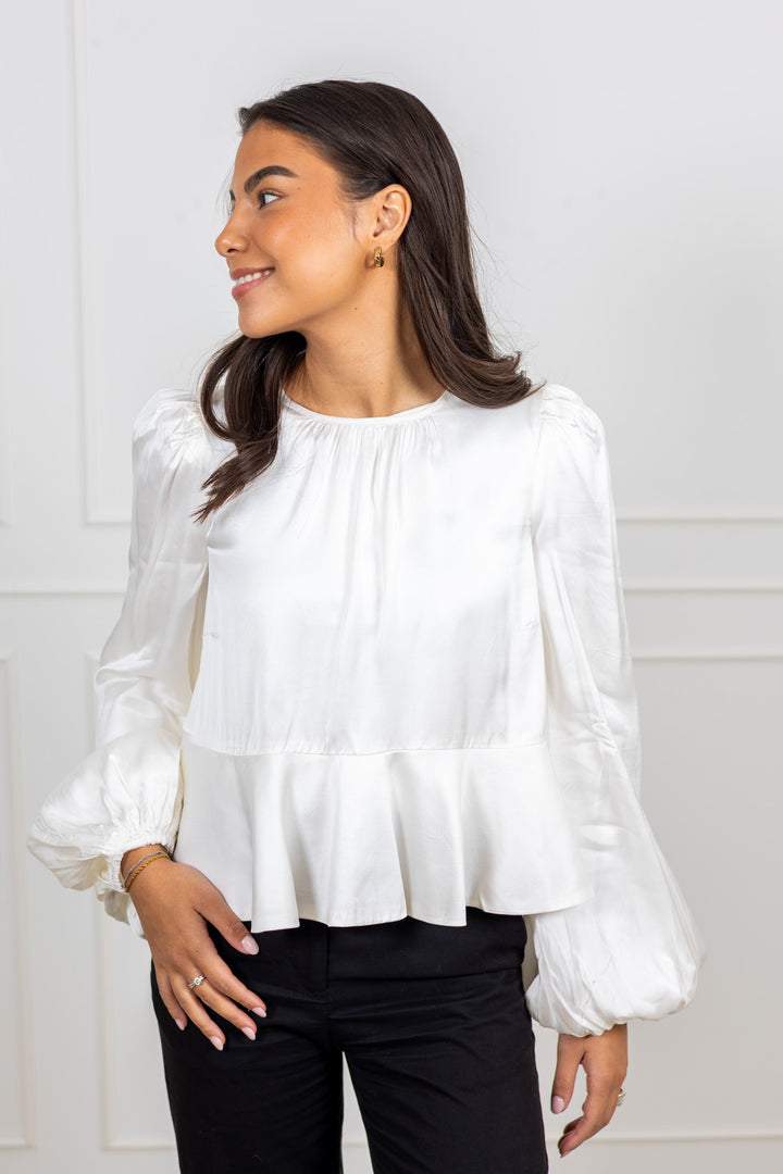 Satin Flounce Top Off White