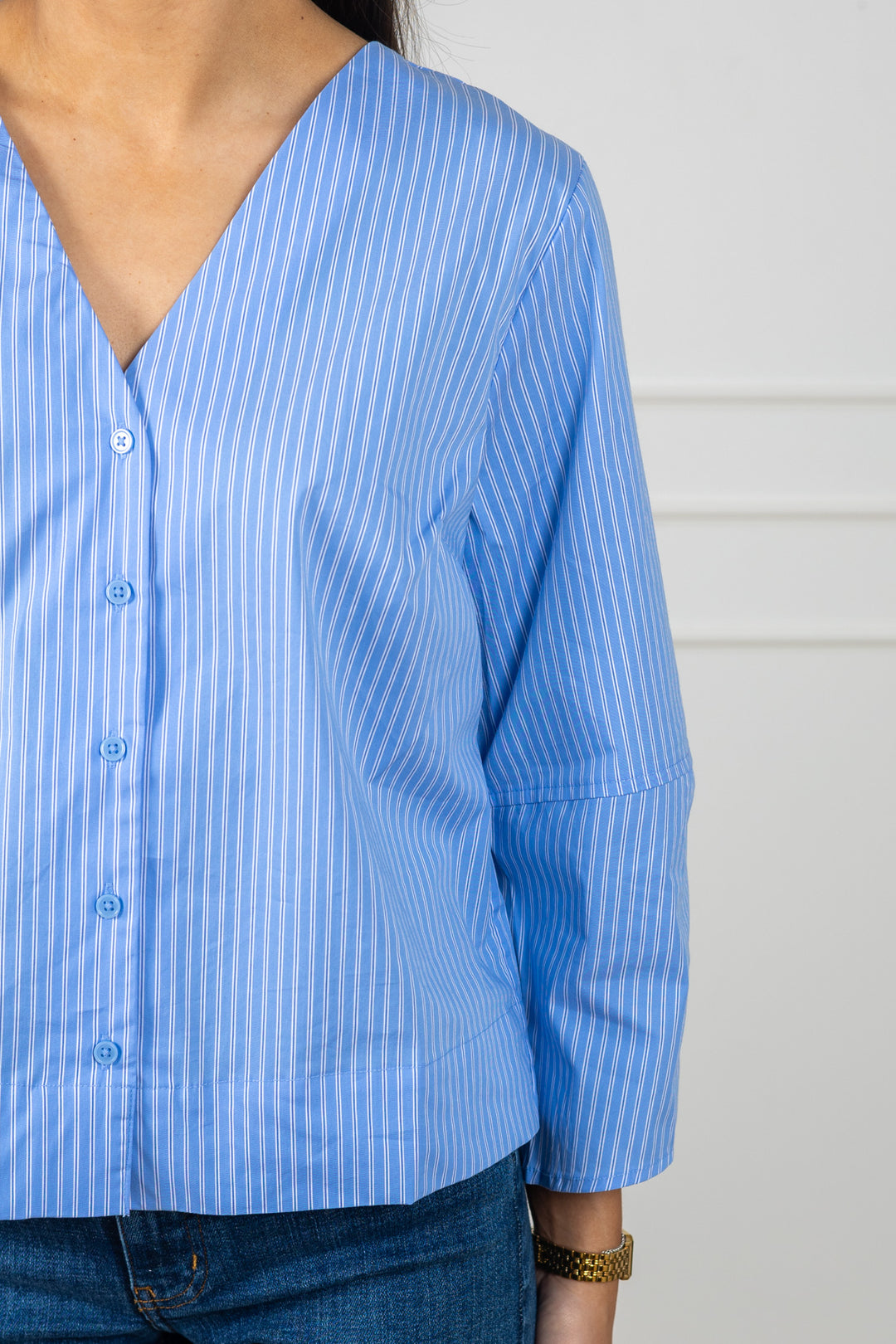 Bea 3/4 V Neck Shirt Dusty Blue Stripe