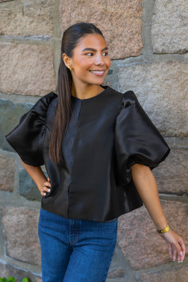 Cleo Puff-Sleeve Satin Blouse Black