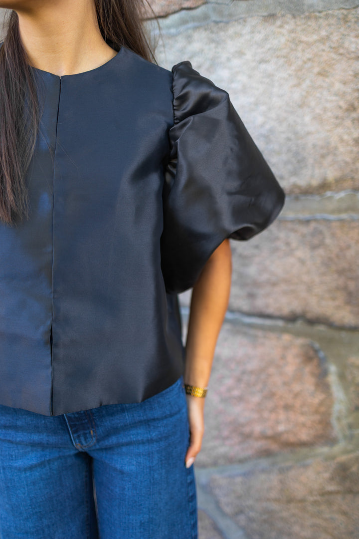 Cleo Puff-Sleeve Satin Blouse Black