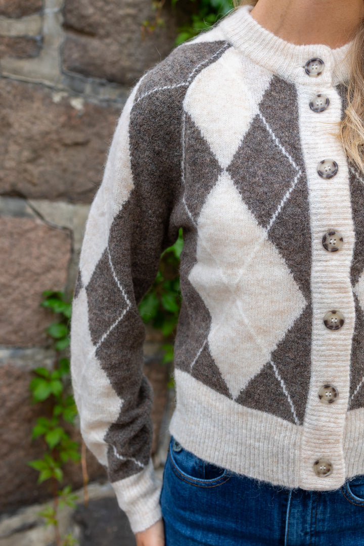 Johi Ls Wool Blend Cardigan Oatmeal Taupe Gray + Pristine Harlequin