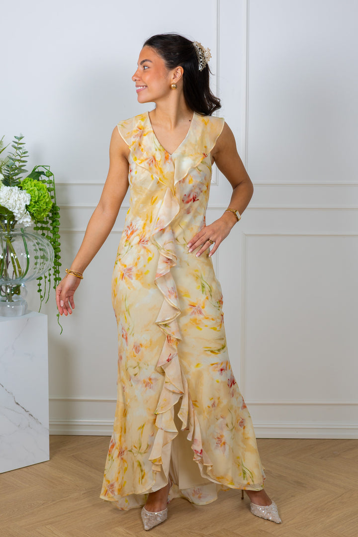 Zella Chiffon Print Dress Dusty Yellow