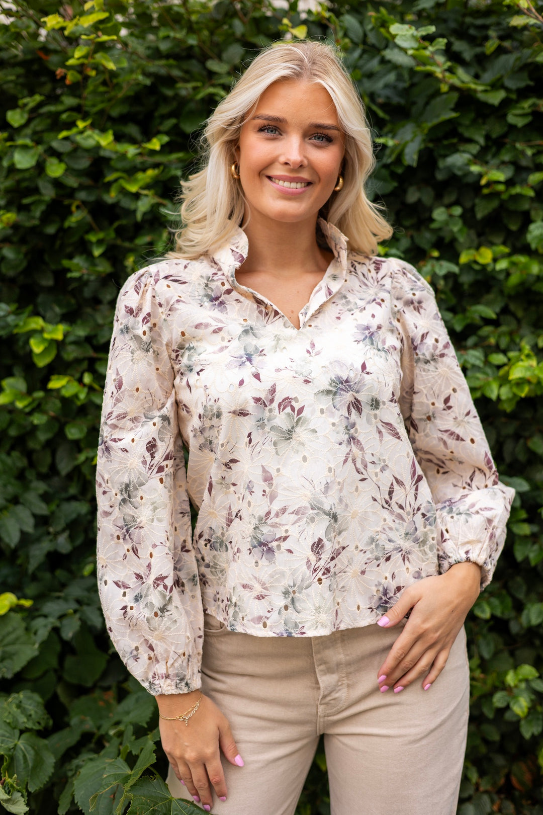 Grete Blouse Off White/Dusty Green