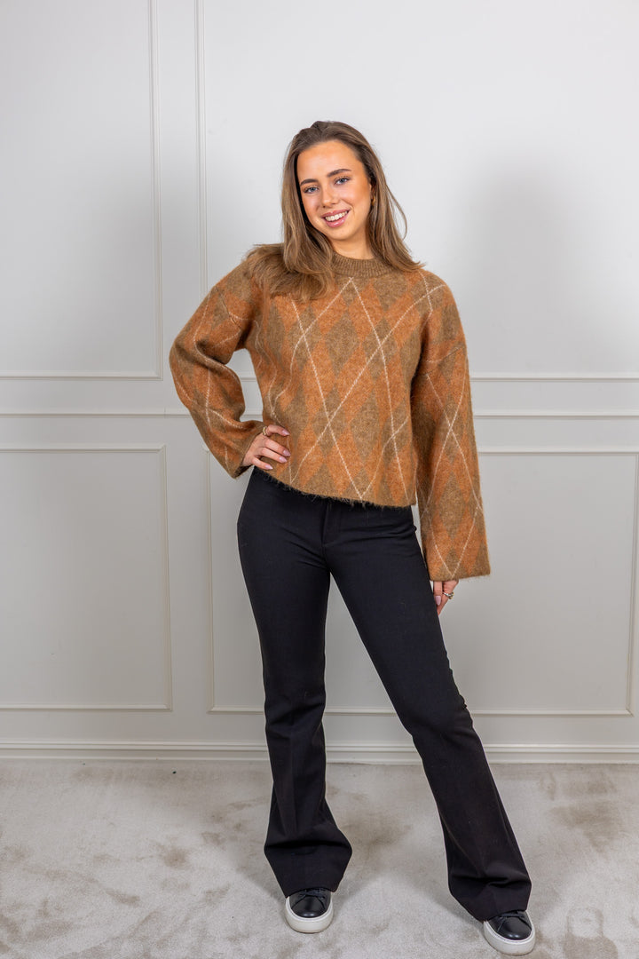 Lulu Brushed Ls Argyle Knit O-Neck Golden Brown