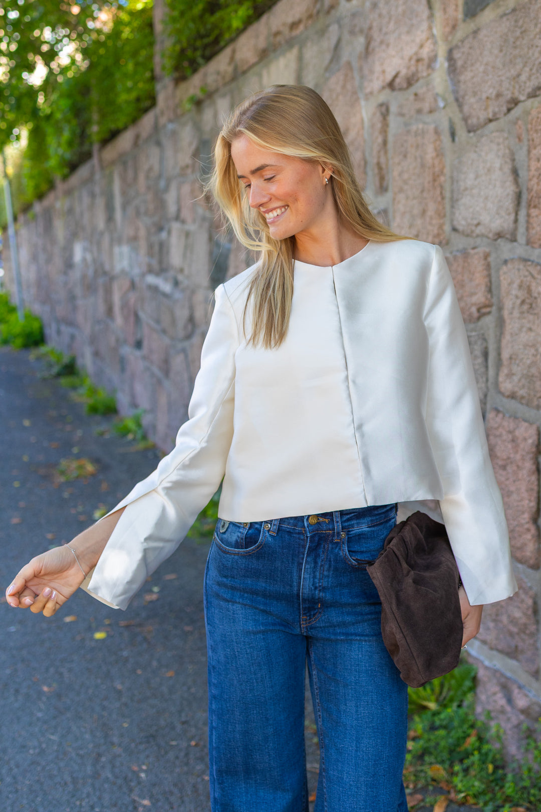 Ruthie Slit-Sleeve Satin Blouse Ivory
