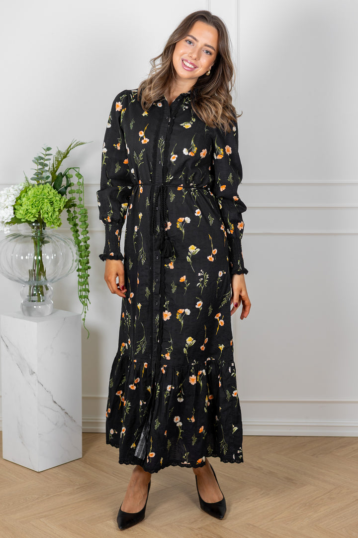 Somelli Ls Long Shirt Dress Black Flower Print