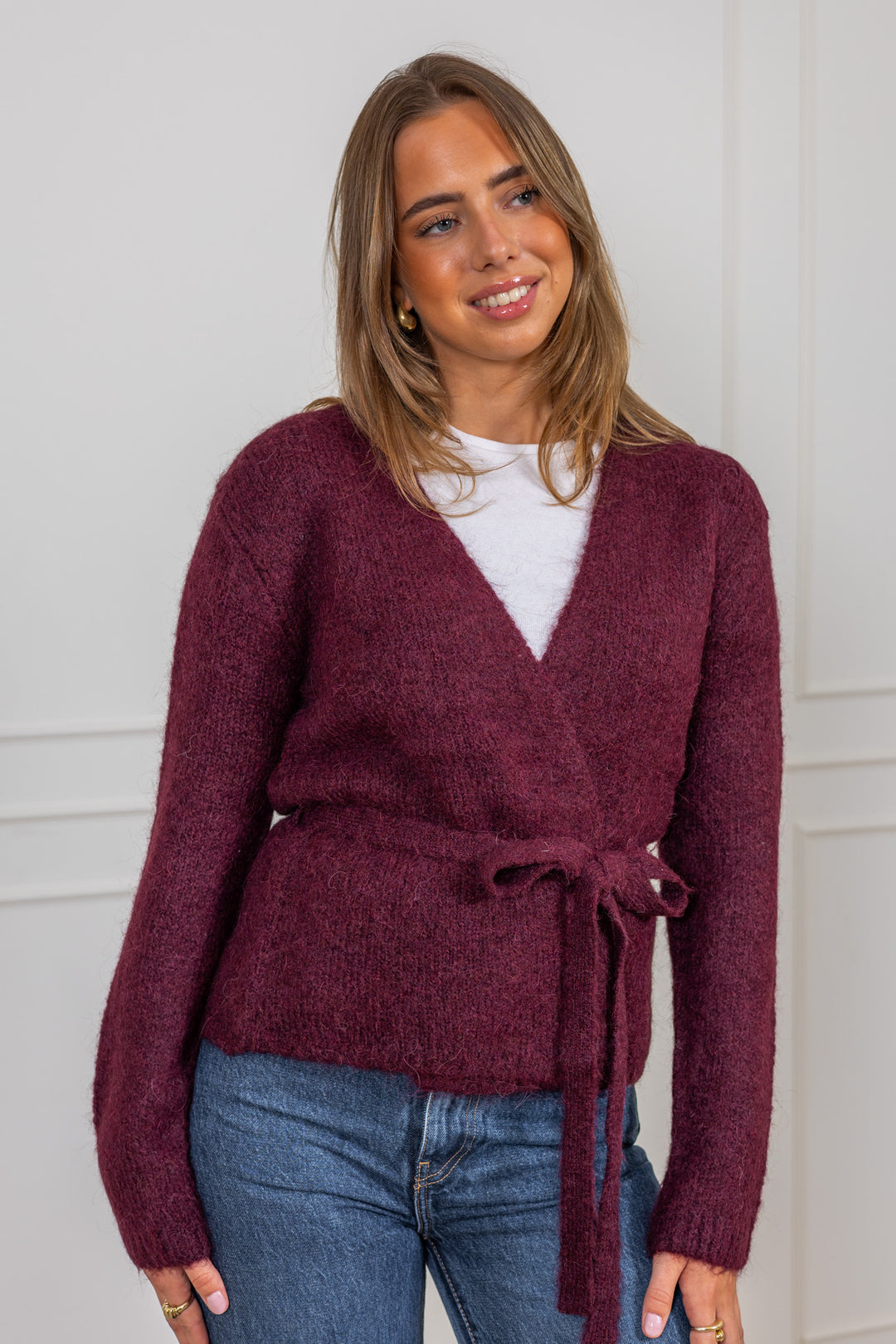 Gabella Ls Knit Belt Cardigan Fig Melange