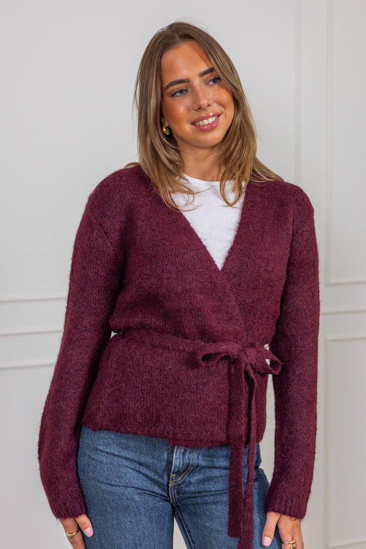 Gabella Ls Knit Belt Cardigan Fig Melange