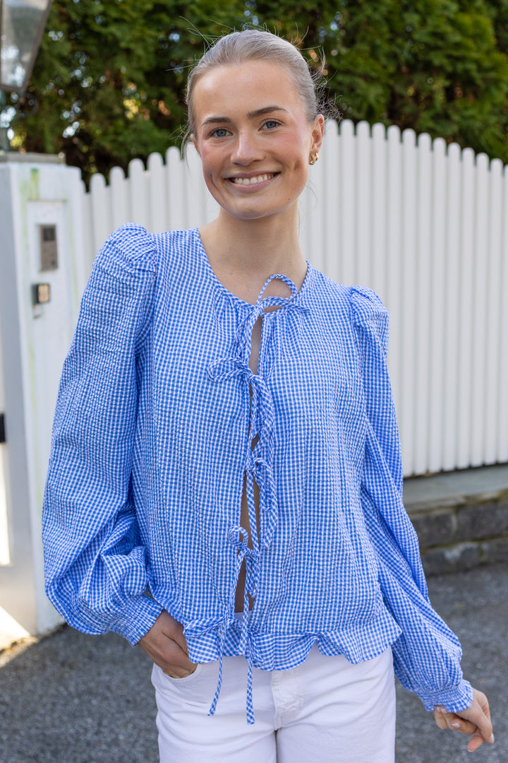 Seersucker Bow Blouse Blue Checks