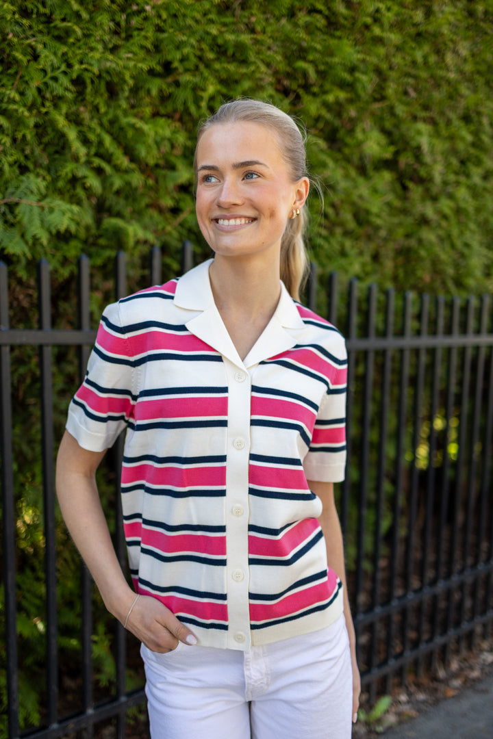 Amour Ss Knit Polo Cardigan Egret Hot Pink And Sky Captain
