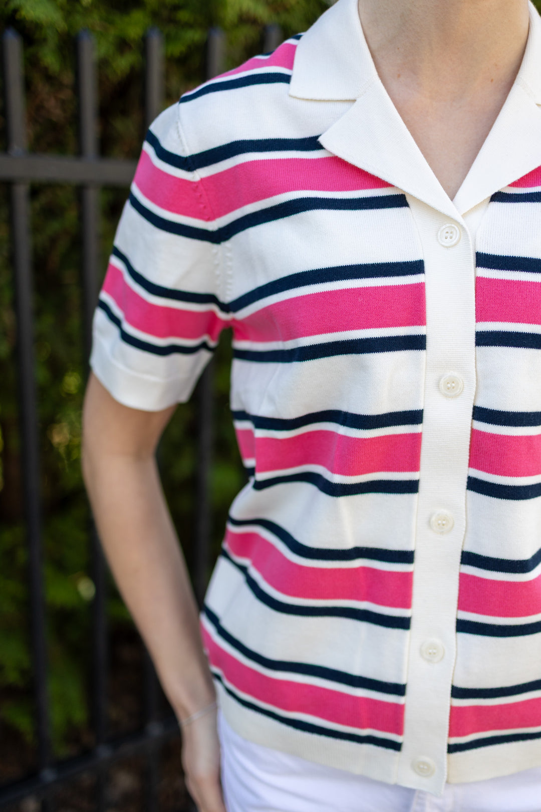 Amour Ss Knit Polo Cardigan Egret Hot Pink And Sky Captain