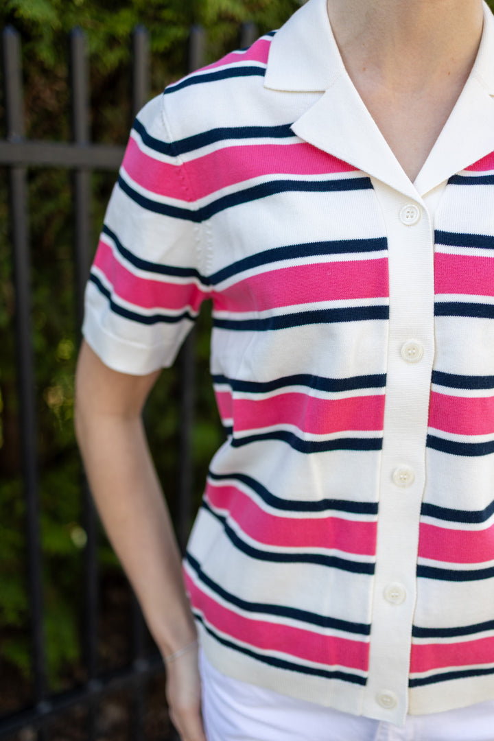Amour Ss Knit Polo Cardigan Egret Hot Pink And Sky Captain