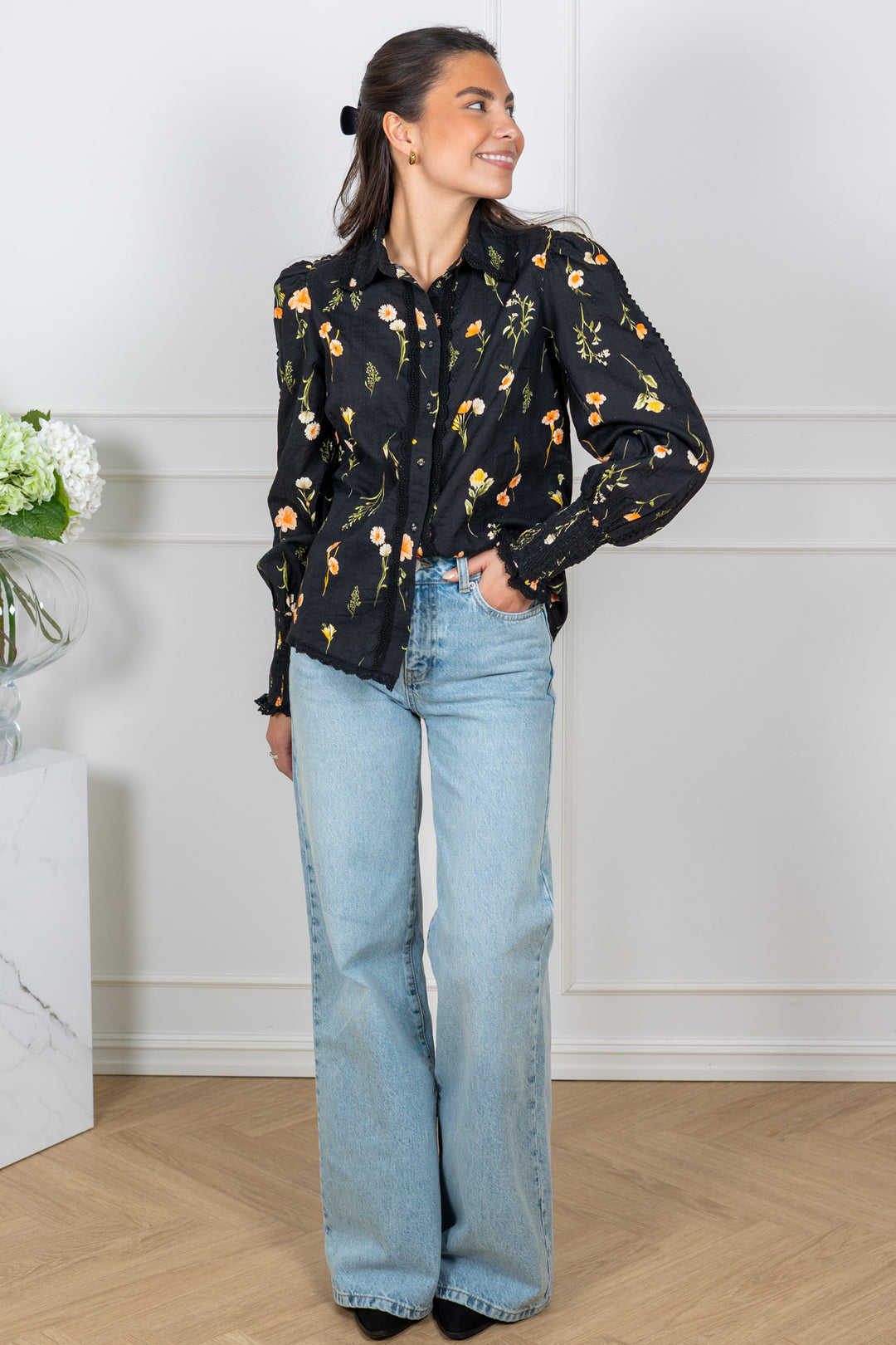 Somelli Ls Shirt Black Flower Print