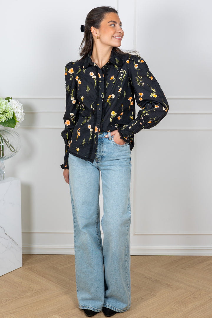 Somelli Ls Shirt Black Flower Print