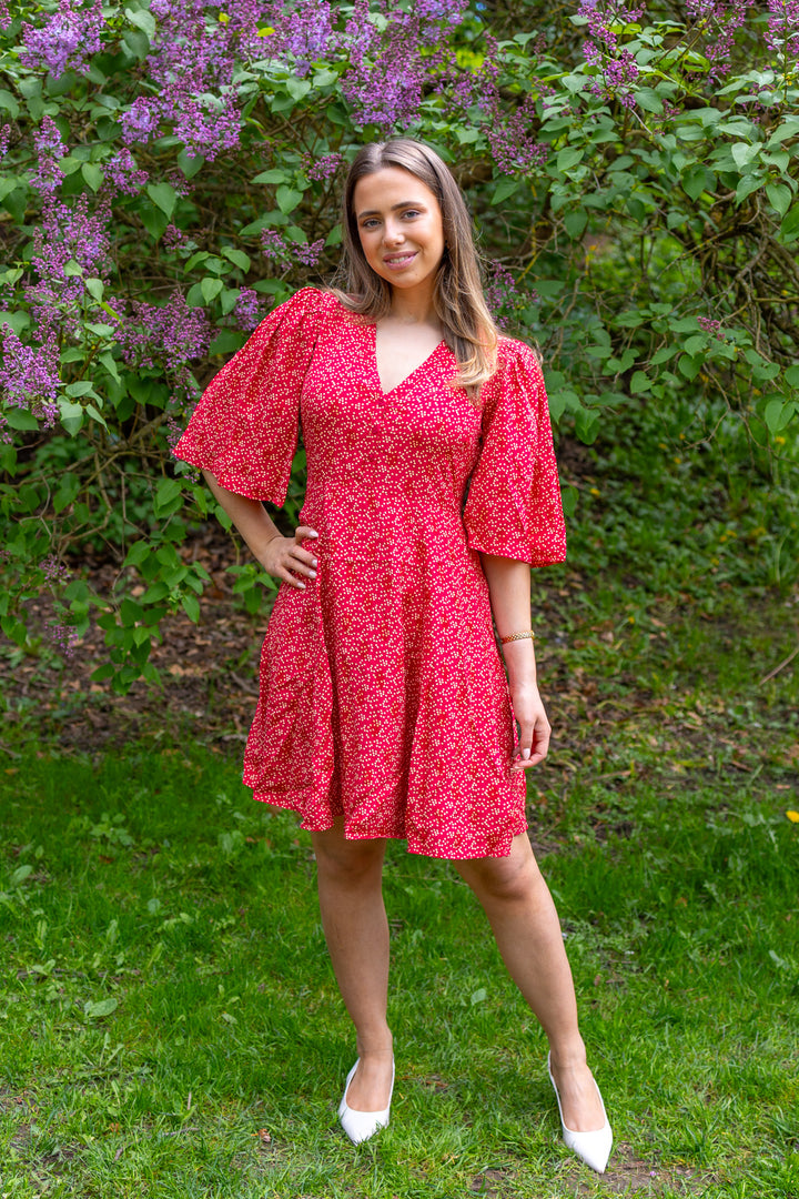 Spring V-Neck Dress Red Dots