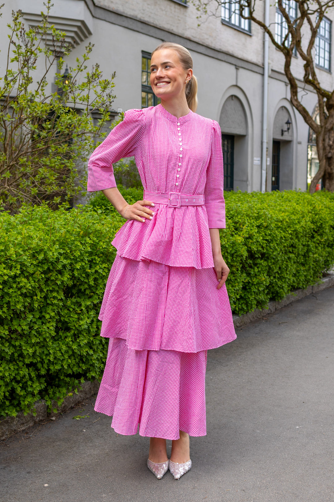 Seersucker Flounce Dress Pink Checks