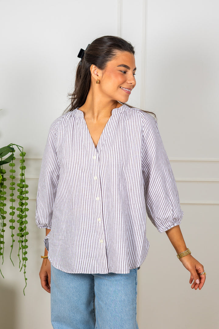 Cleo-Alberta Linen Blend Shirt Bright White Chocolate Chip