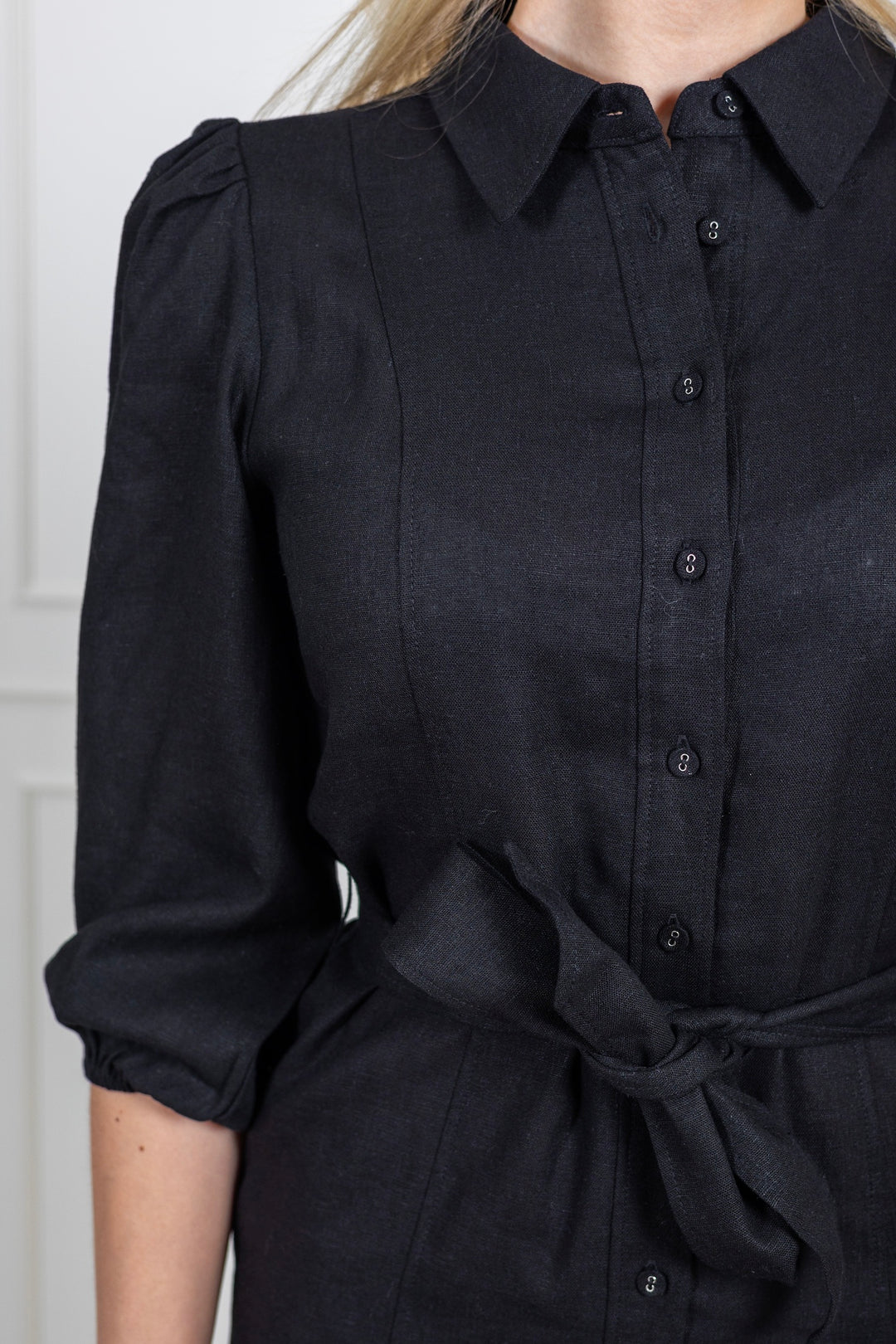 Flaxy 3/4 Linen Shirt Dress Black