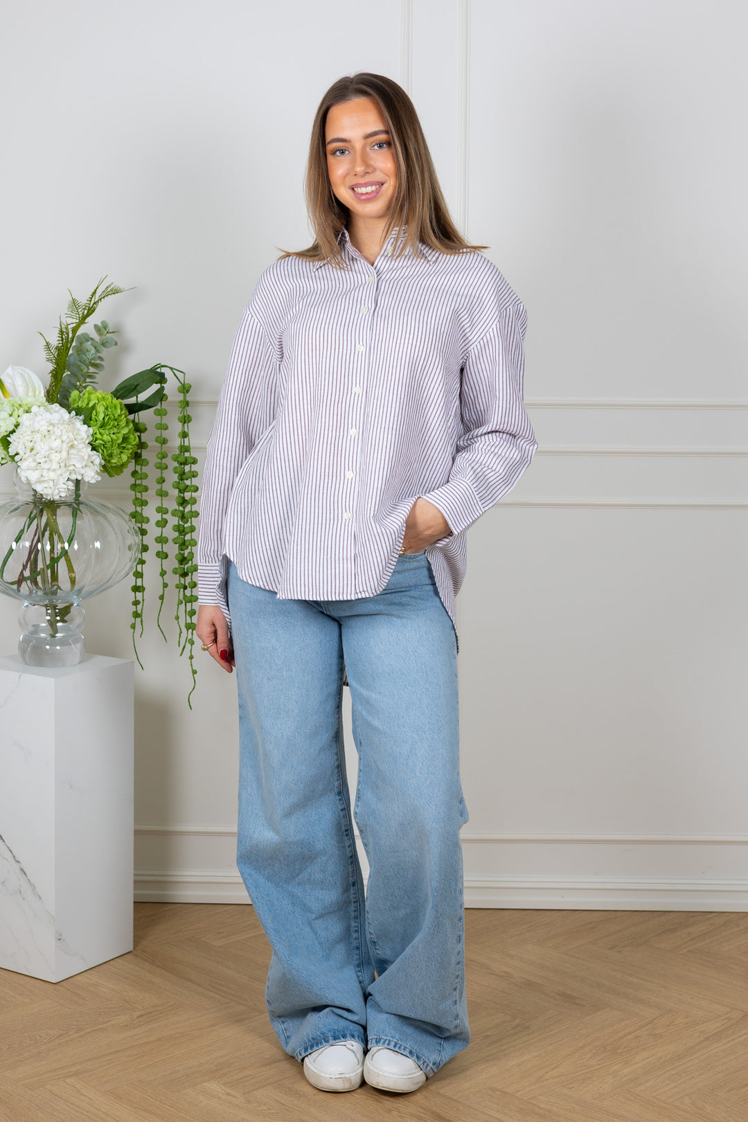 Cleo Oversize Linen Blend Shirt Bright White Chocolate Chip