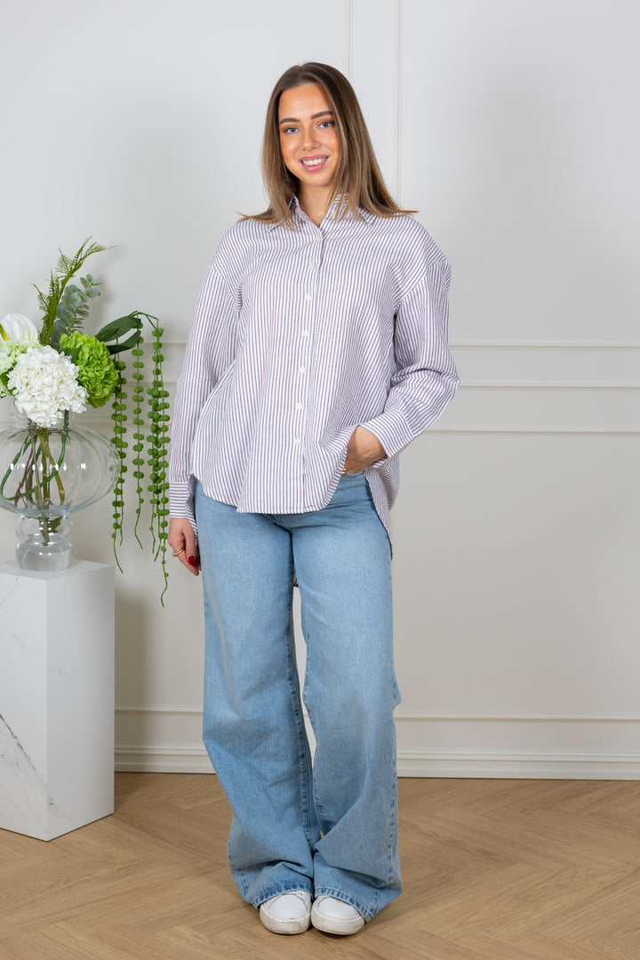 Cleo Oversize Linen Blend Shirt Bright White Chocolate Chip
