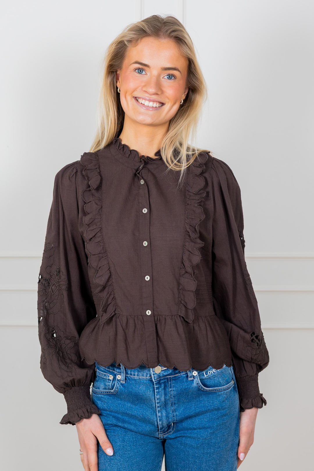 Petrine Embroidery Blouse Dark Brown