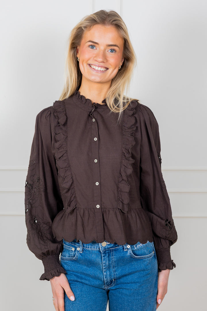 Petrine Embroidery Blouse Dark Brown