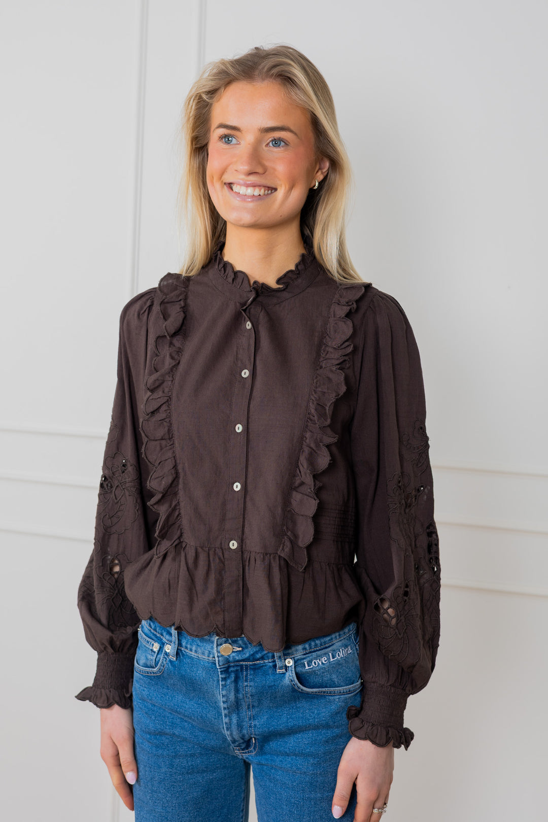 Petrine Embroidery Blouse Dark Brown