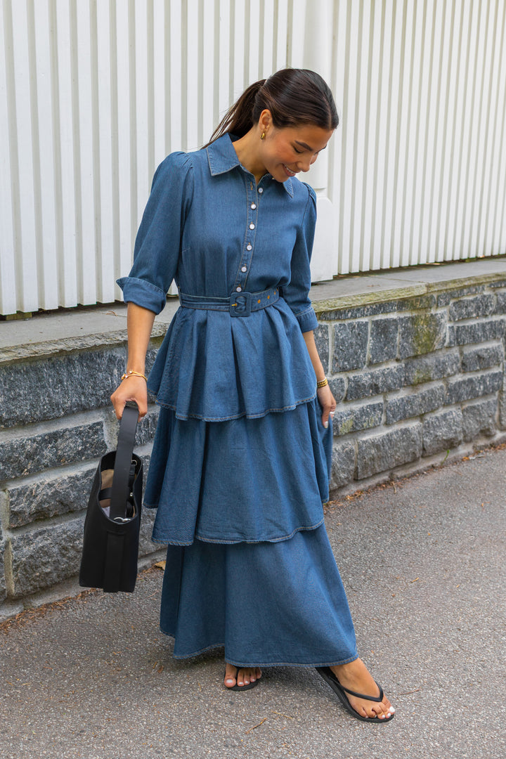 Denim Flounce Dress French Blue