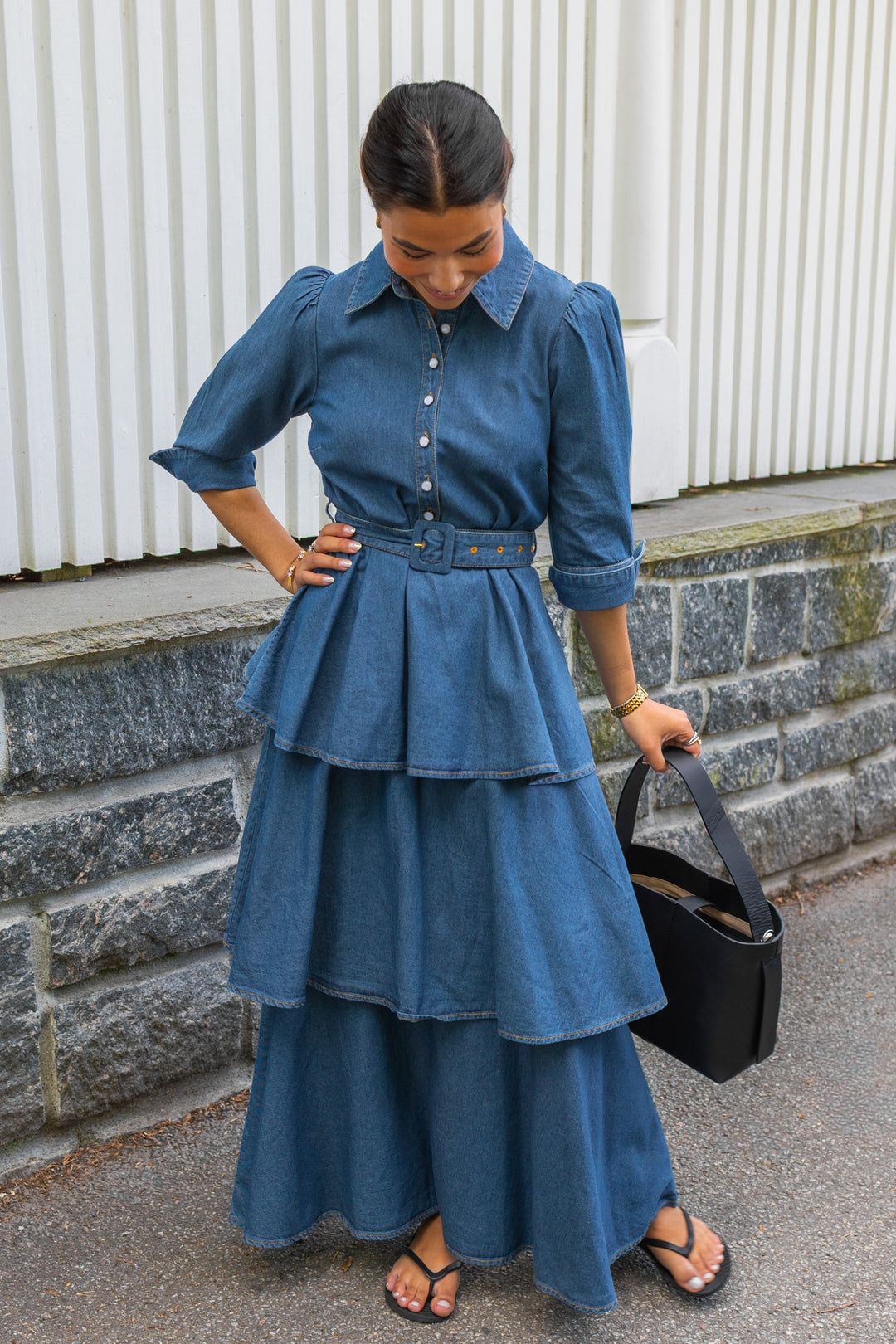 Denim Flounce Dress French Blue