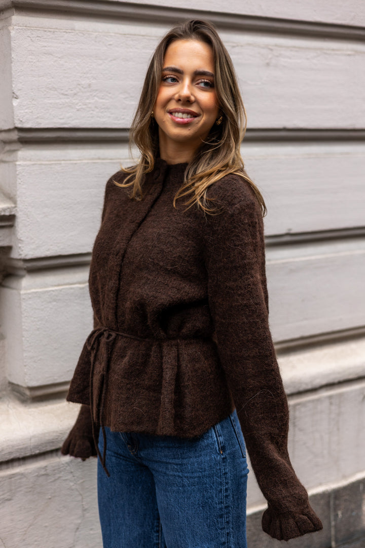 Thellis Ls Knit Cardigan Hot Fudge