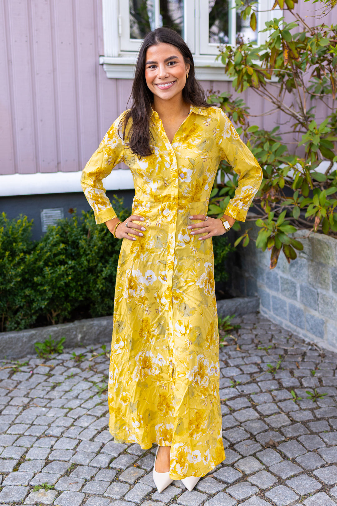 Savanna Long Shirt Dress Pale Banana Lemon Print