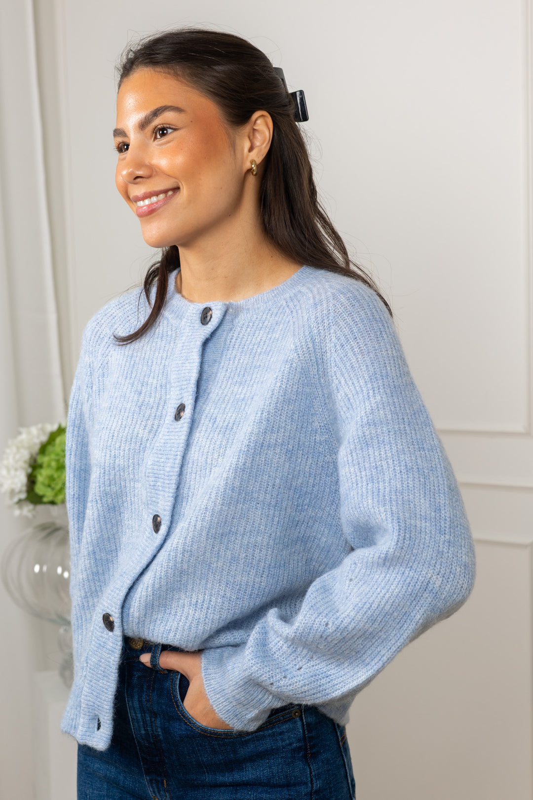 Lulu Ls Knit Short Cardigan B  Cashmere Blue Melange