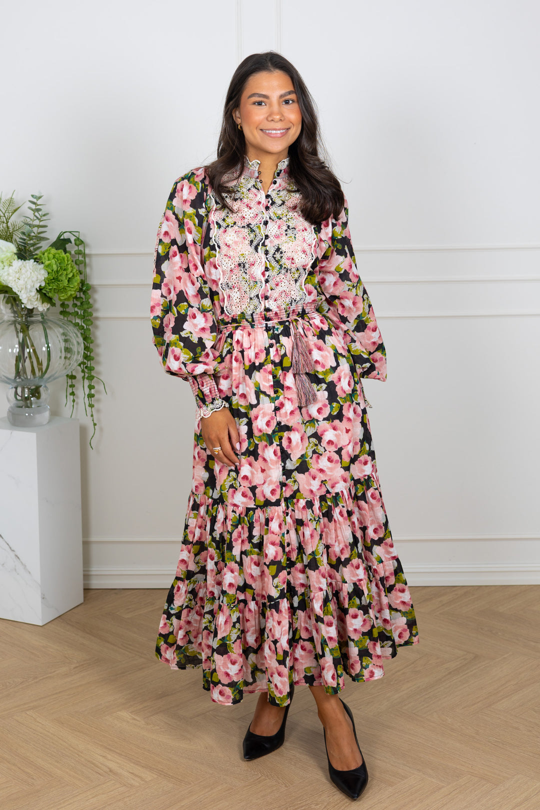 Cotton Slub Midi Dress Rose Bouquet
