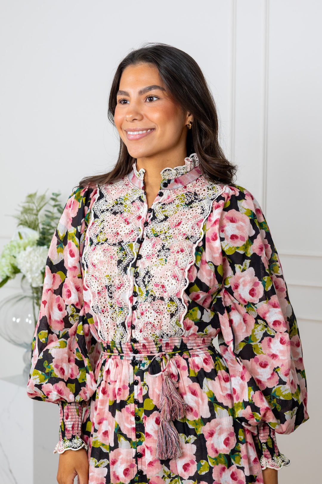 Cotton Slub Midi Dress Rose Bouquet