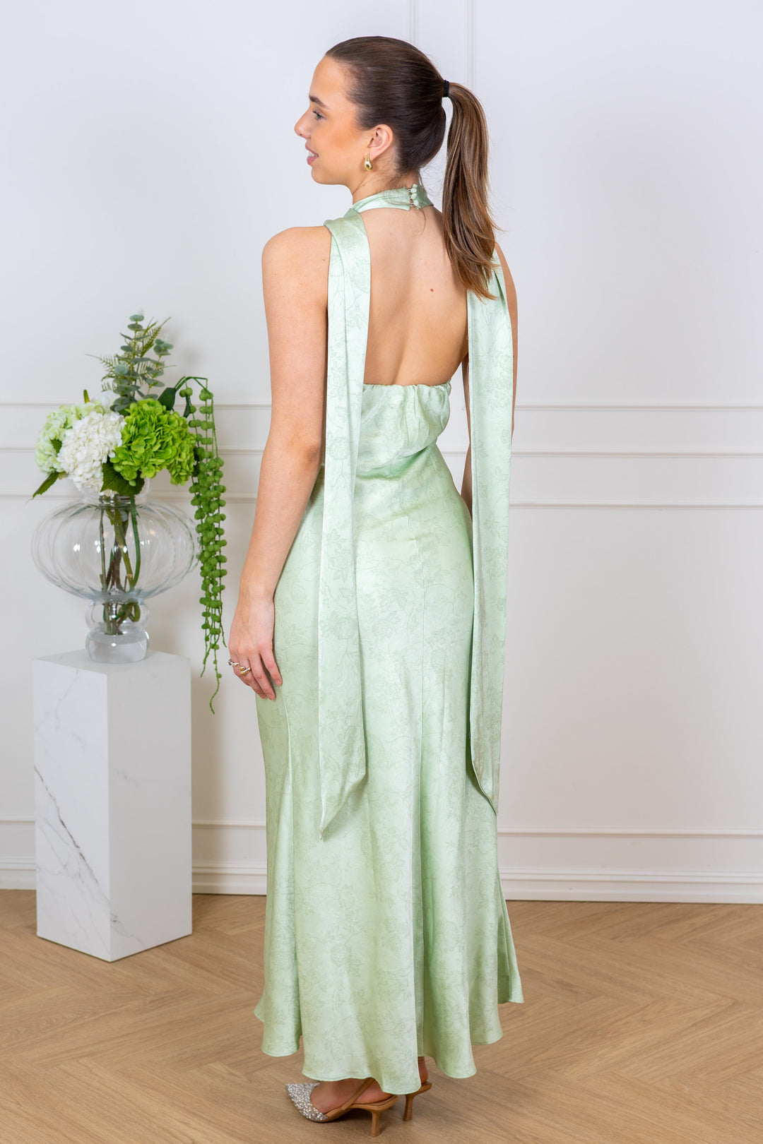 Fiona Pattern Satin Dress Light Green