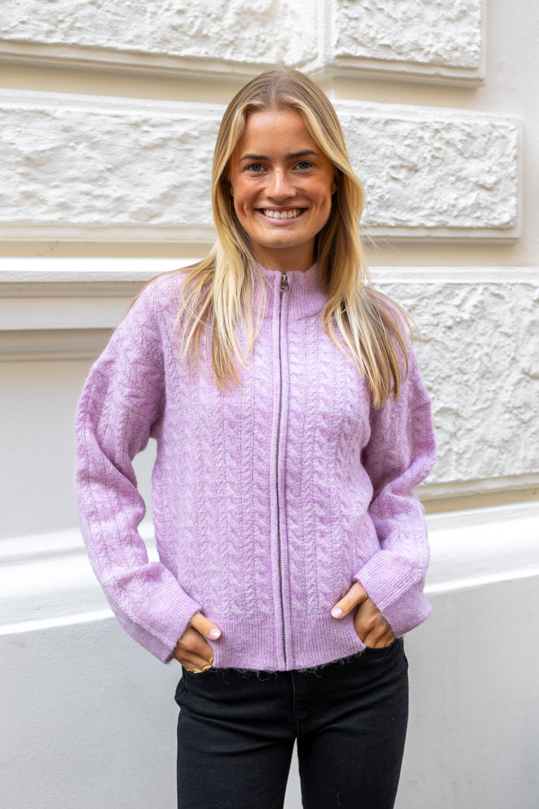 Lulu Cable Ls Knit Zipper Cardigan Winsome Orchid Melange