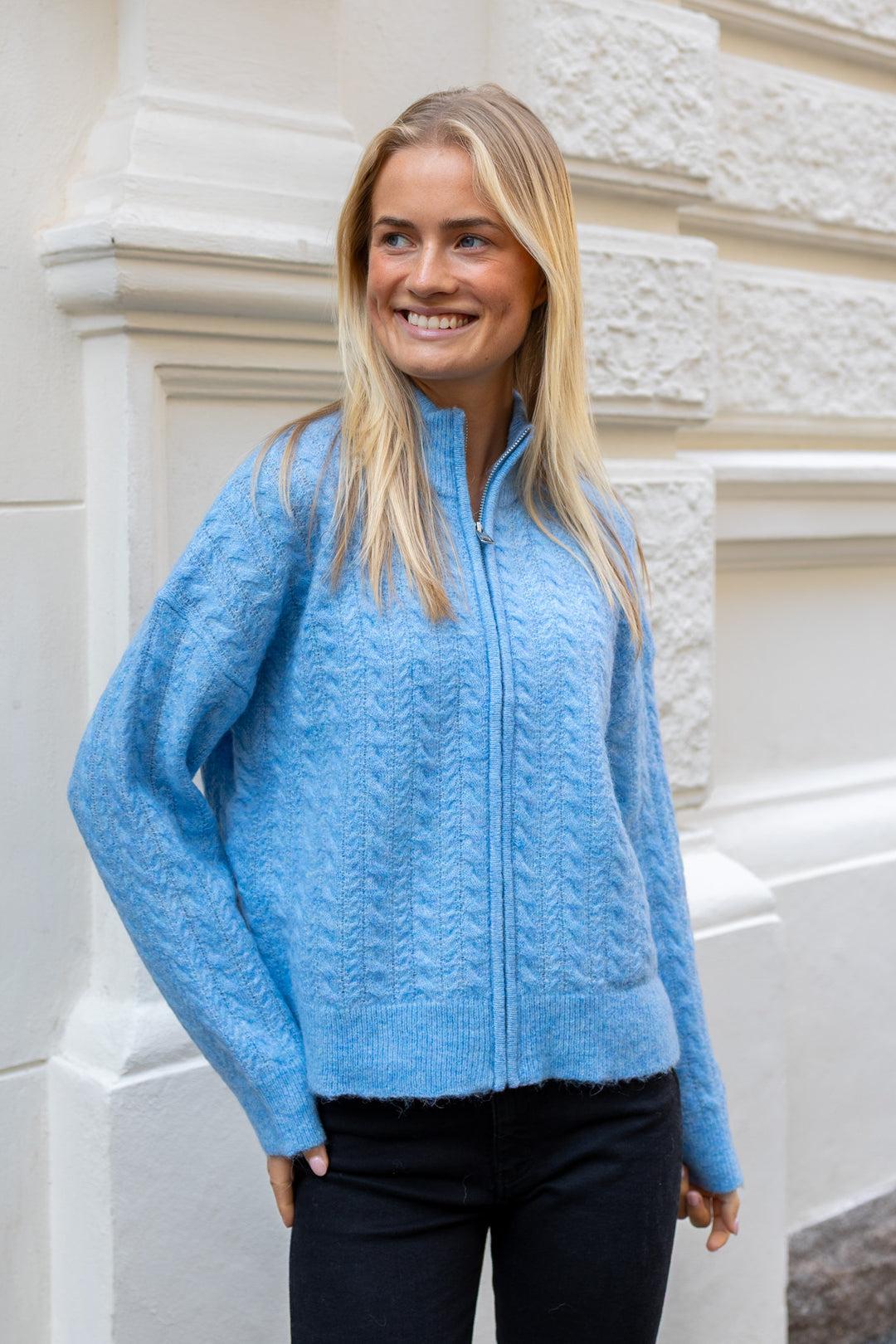 Lulu Cable Ls Knit Zipper Cardigan Blissful Blue Melange